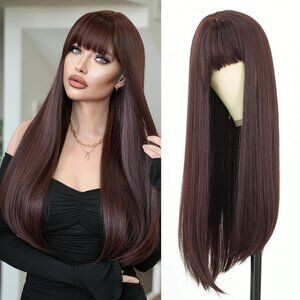 Long Straight Reddish Brown Wig with Bangs 28 Inches Cooper Natural Color